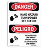 Signmission OSHA Danger, Hand Hazard Turn Power Off Bilingual, 7in X 5in Decal, 5" W, 7" L, Bilingual Spanish OS-DS-D-57-VS-1287